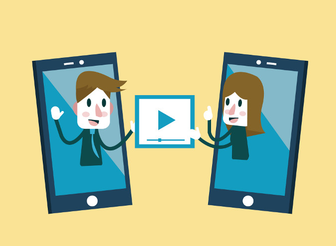 A vector graphic showing a man and a woman sending and sharing a video through smartphones as one of the trends in social media for business.