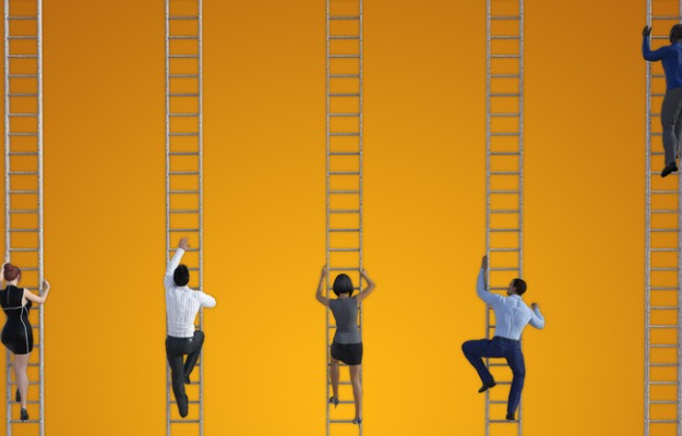 An image showing five people climbing ladders, and the person to the right is farther ahead than anyone else.